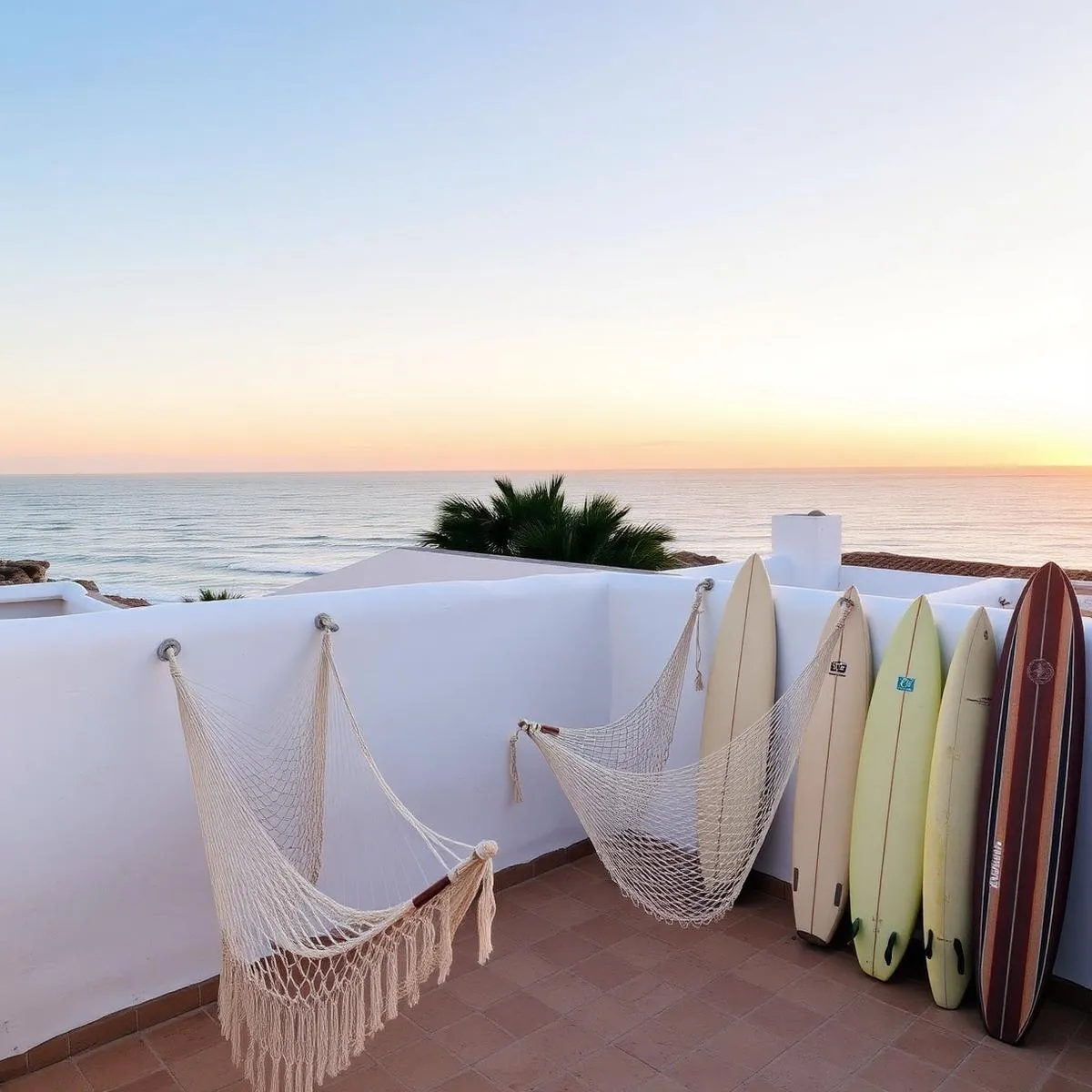 Surf villa rooftop and boards — private room upgrade Morocco surf camp